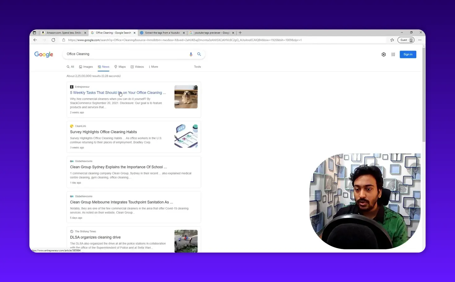Google News search results for 'Office Cleaning' showing news cards and headlines from publications