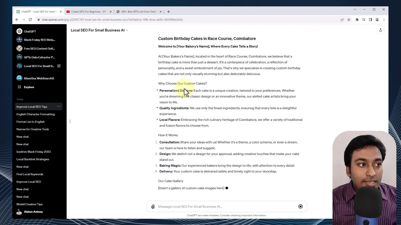 Screenshot of ChatGPT generating a sample local page titled 'Custom Birthday Cakes in Race Course, Coimbatore' with readable bullet points and a small presenter video inset at the bottom-right.