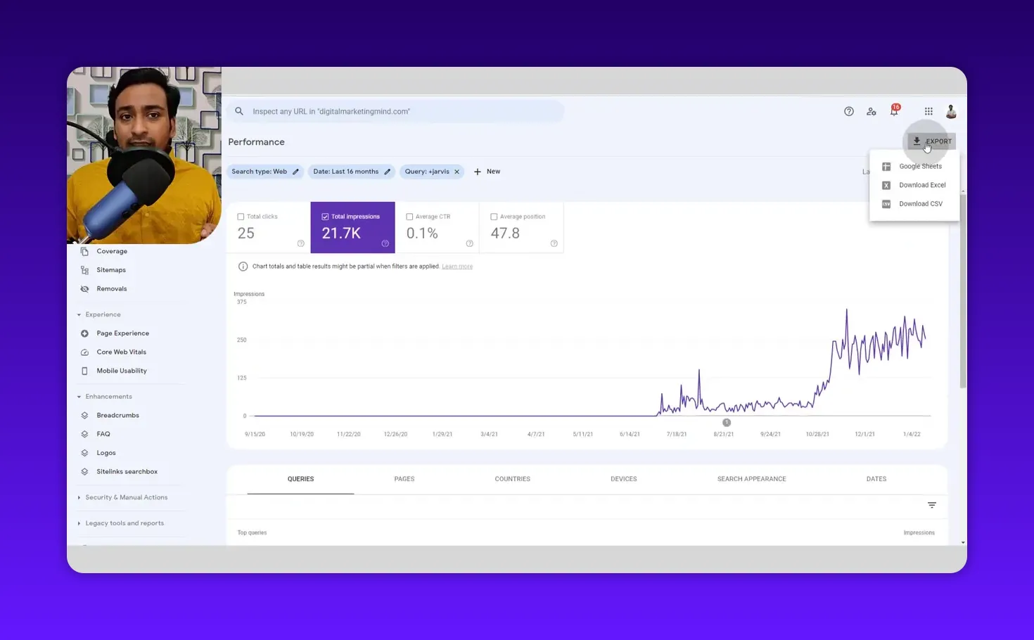 Google Search Console Performance screen with the Export dropdown open showing options: Google Sheets, Download Excel, Download CSV; cursor pointing at the Export icon.