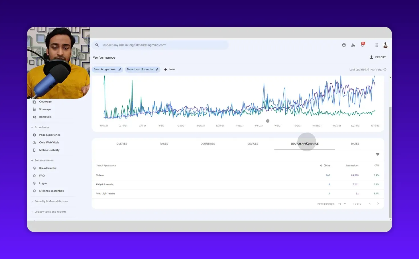 Clear Google Search Console Performance screenshot showing the time-series chart and tabs including Search Appearance and Dates; presenter overlay in top-left corner but UI remains unobstructed.