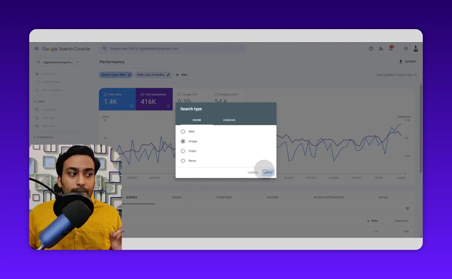 Google Search Console Performance screen with Search type modal open, Image option selected and Apply button visible over the performance chart