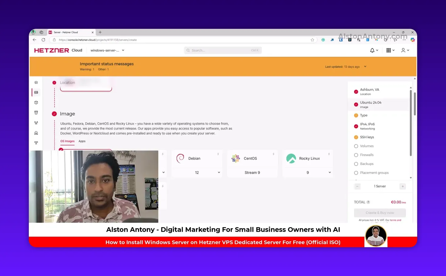 Hetzner Cloud server creation UI with OS image cards (Debian, CentOS, Rocky Linux) and right sidebar options.