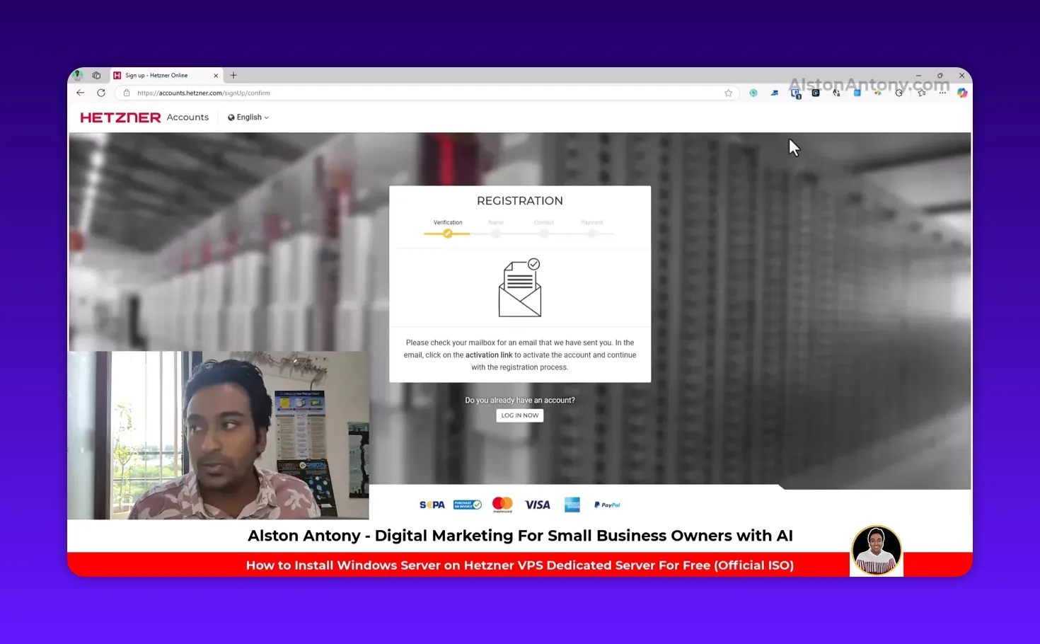 Hetzner Accounts registration page prompting to check your email for an activation link