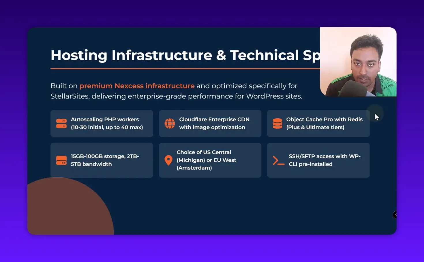 Presentation slide titled 'Hosting Infrastructure & Technical Specs' with feature tiles for Cloudflare Enterprise CDN, Object Cache Pro with Redis, storage limits and SSH/SFTP access; presenter in top-right corner, slide text clear and readable.
