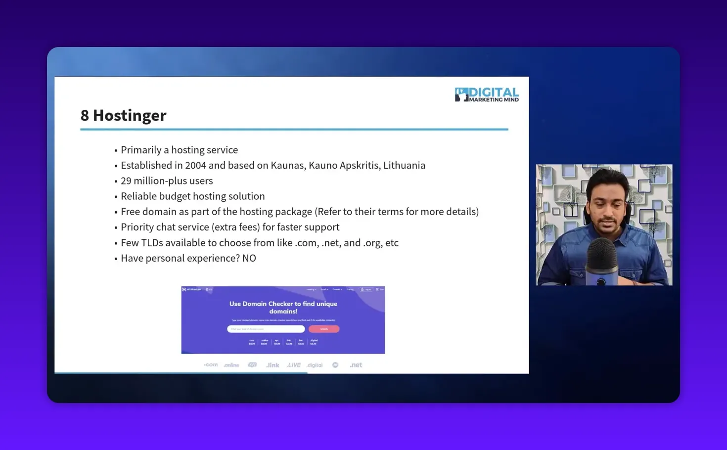Readable presentation slide '8 Hostinger' listing hosting-first points (free domain with hosting, user counts, support notes) with a modest presenter inset at right.