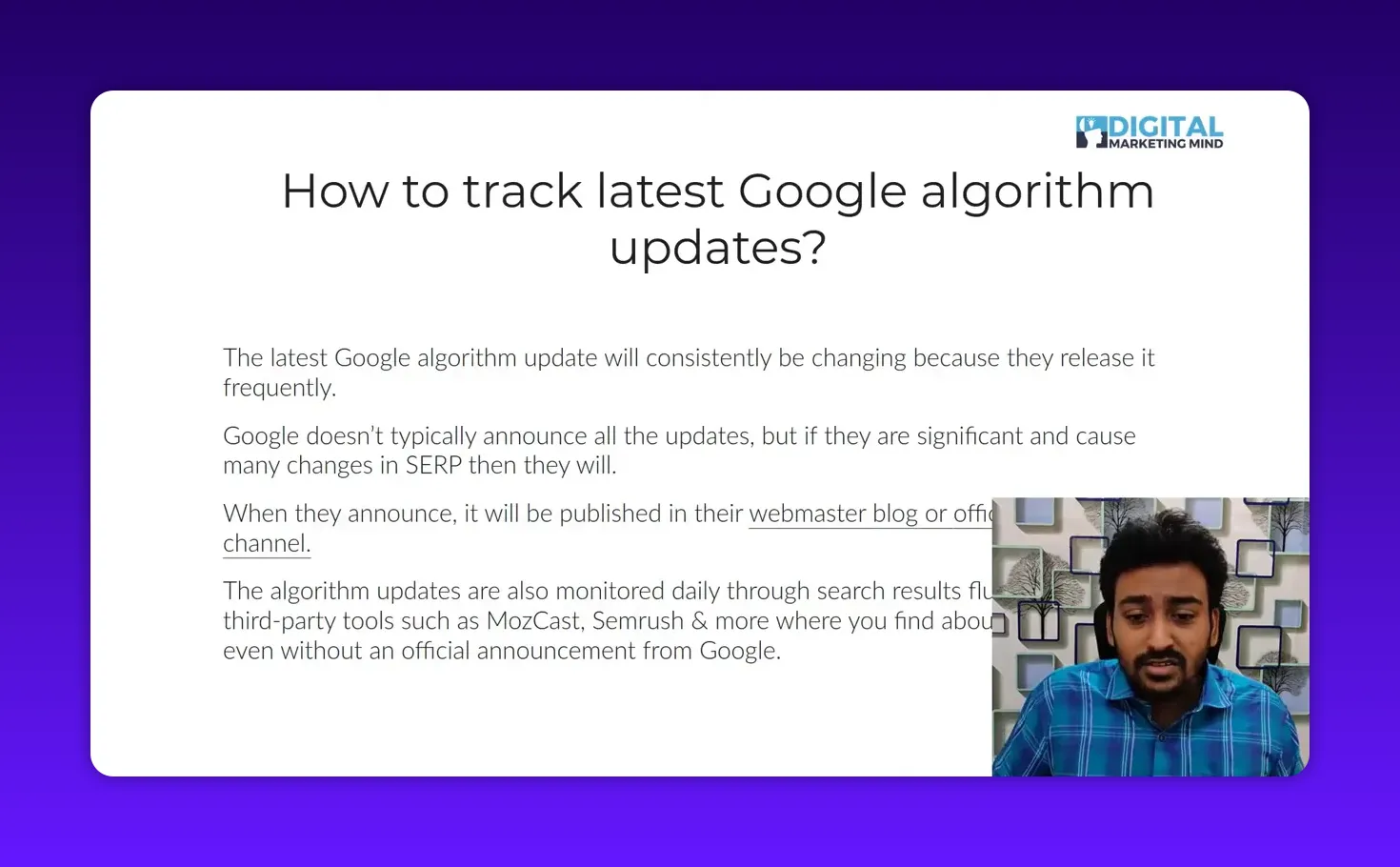 Clear presentation slide 'How to track latest Google algorithm updates?' with readable paragraph text and a small presenter inset in the lower-right corner.