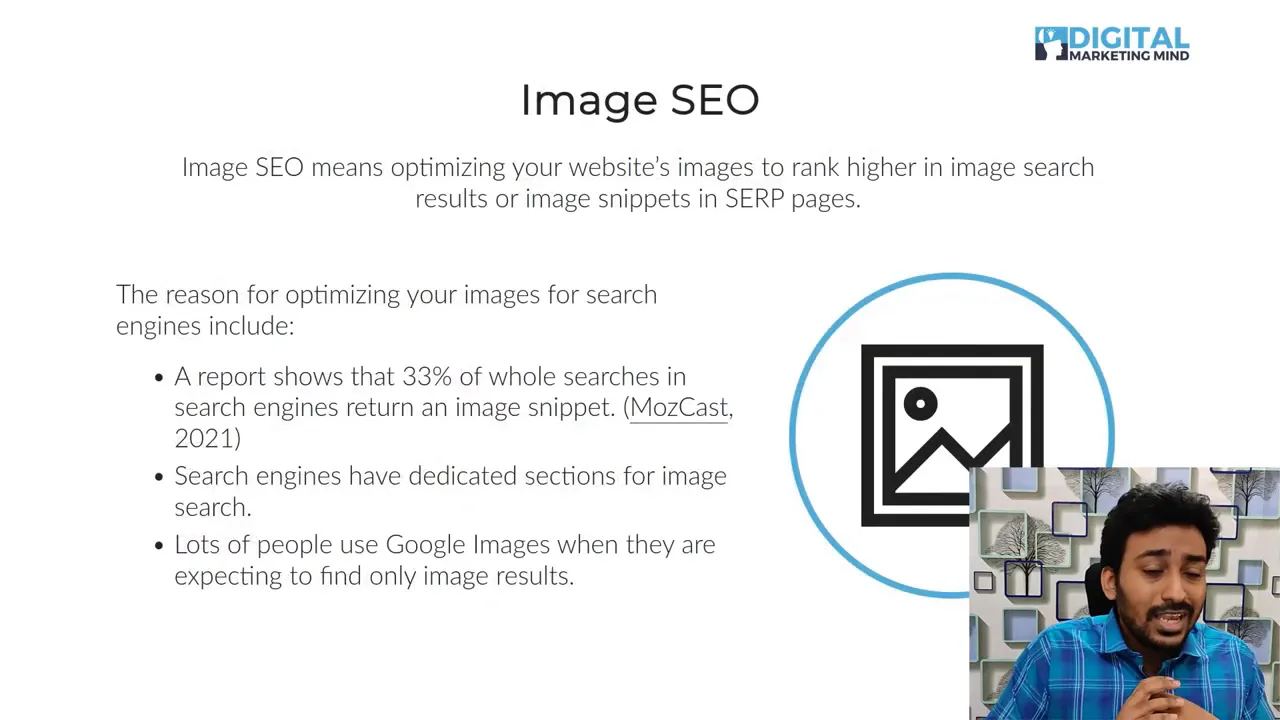 Presentation slide titled 'Image SEO' with bullets explaining reasons to optimize images and a small speaker overlay in the bottom-right.