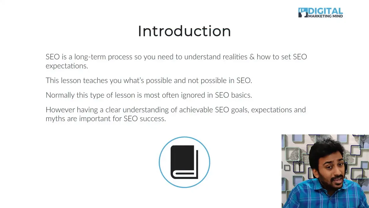 Presentation slide titled 'Introduction' with bullet text explaining SEO is a long-term process and a book icon; small presenter inset in the lower-right.