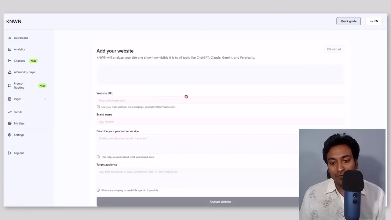 Knwn dashboard 'Add your website' setup screen with form fields and small presenter inset