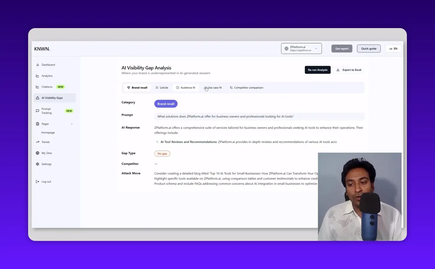 Knwn AI Visibility Gap Analysis page displaying Brand recall prompt, AI response and sidebar; presenter webcam overlay