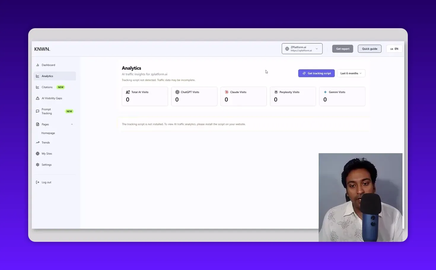 Knwn analytics page with message that the tracking script is not detected, AI visits cards all zero and a visible Get tracking script button; presenter in lower-right corner.