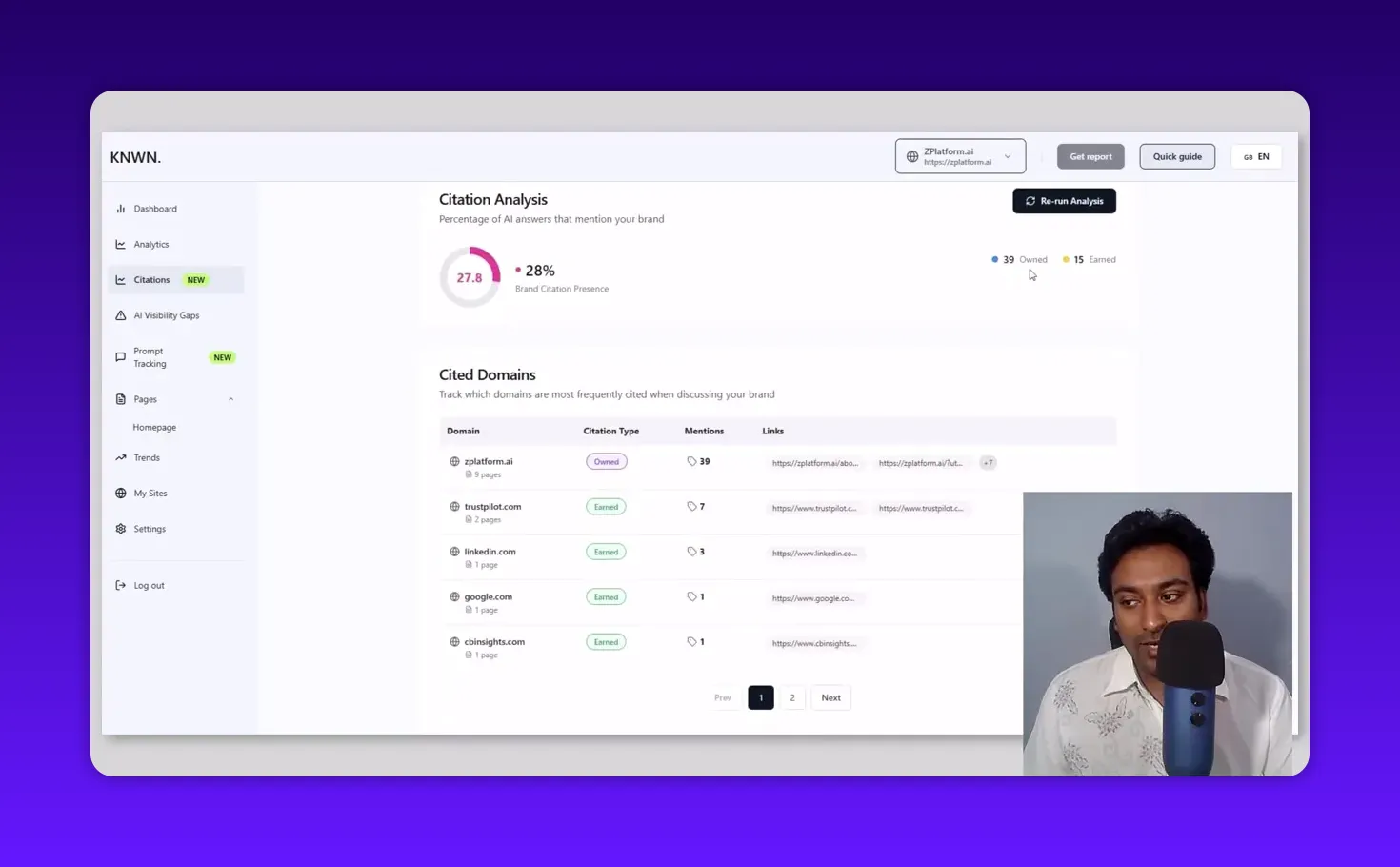 Knwn citation analysis screen with a 28% brand citation presence indicator and a clear table of cited domains and mention counts