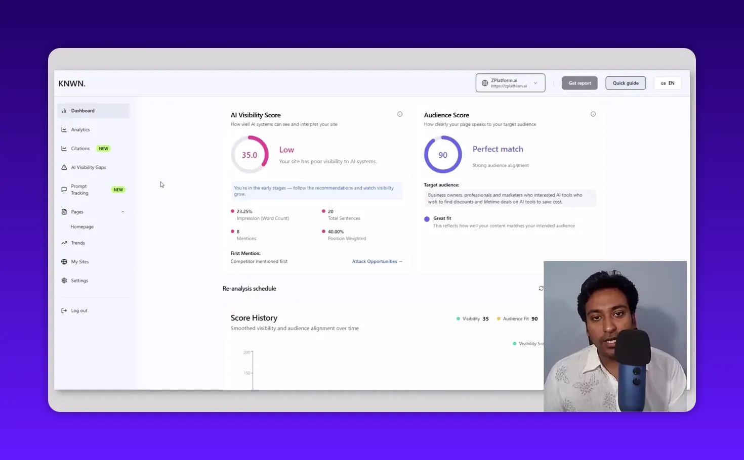 Clear Knwn dashboard screenshot showing AI Visibility Score (35) and Audience Score (90) with sidebar navigation and small presenter inset