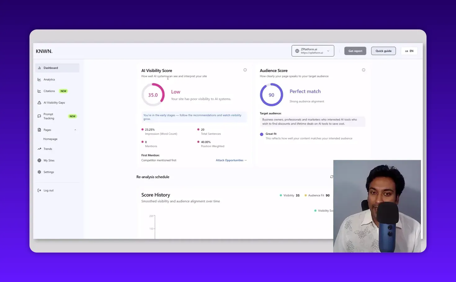 Clear screenshot of Knwn dashboard displaying AI Visibility Score (35 - Low) and Audience Score (90) with sidebar navigation and presenter in a corner.