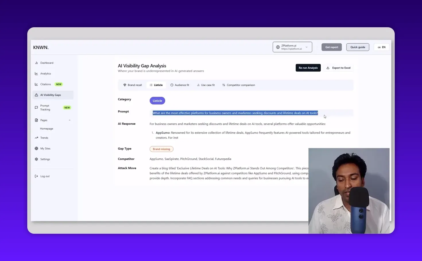Knwn AI Visibility Gap Analysis showing the listicle prompt text selected/highlighted and the AI response, presenter overlay