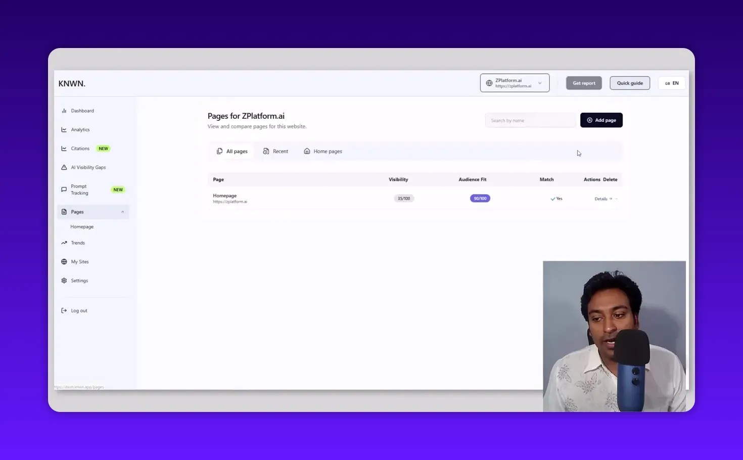 Knwn 'Pages' screen listing a homepage with Visibility (35/100) and Audience Fit (90/100), sidebar navigation and small presenter inset