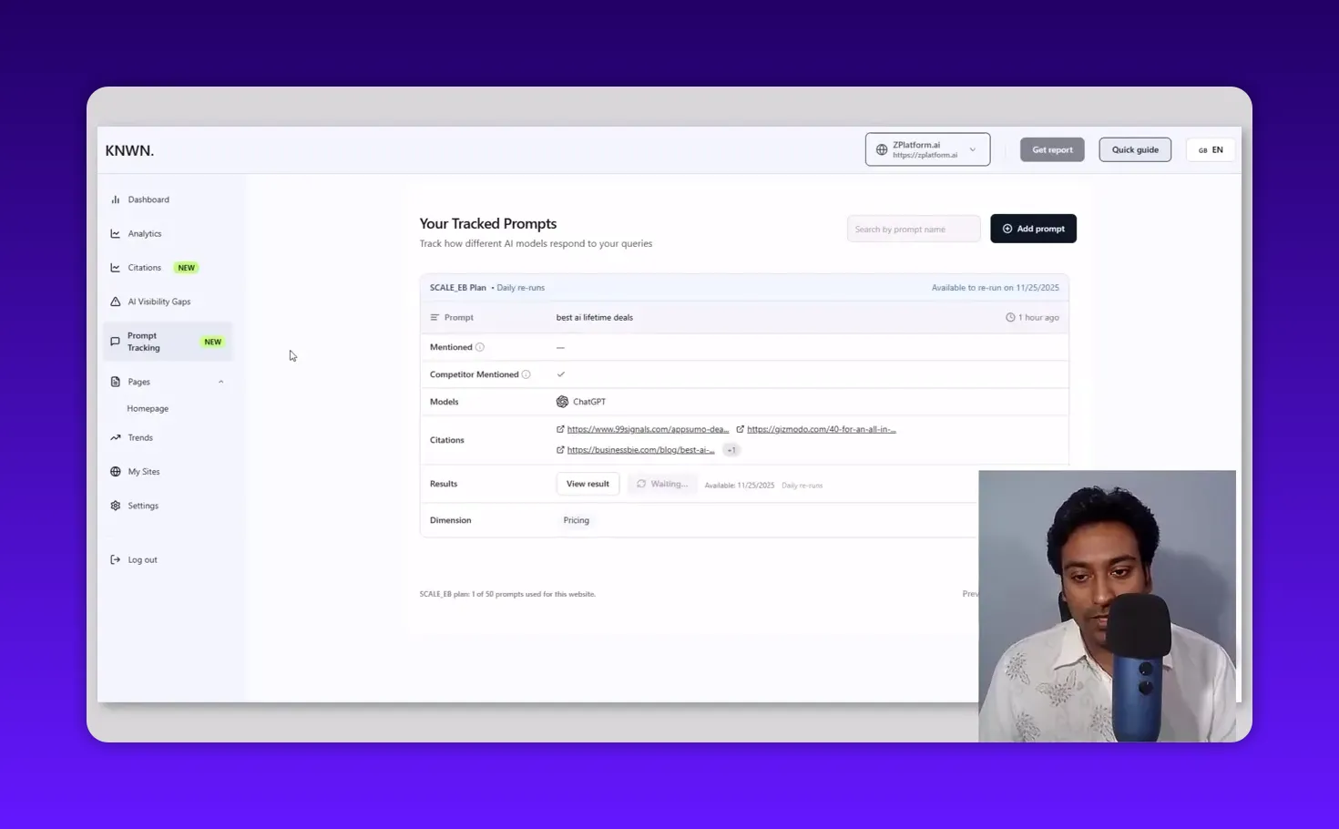 Knwn prompt tracking detail showing a tracked prompt 'best ai lifetime deals', model (ChatGPT), citation links and a View result button