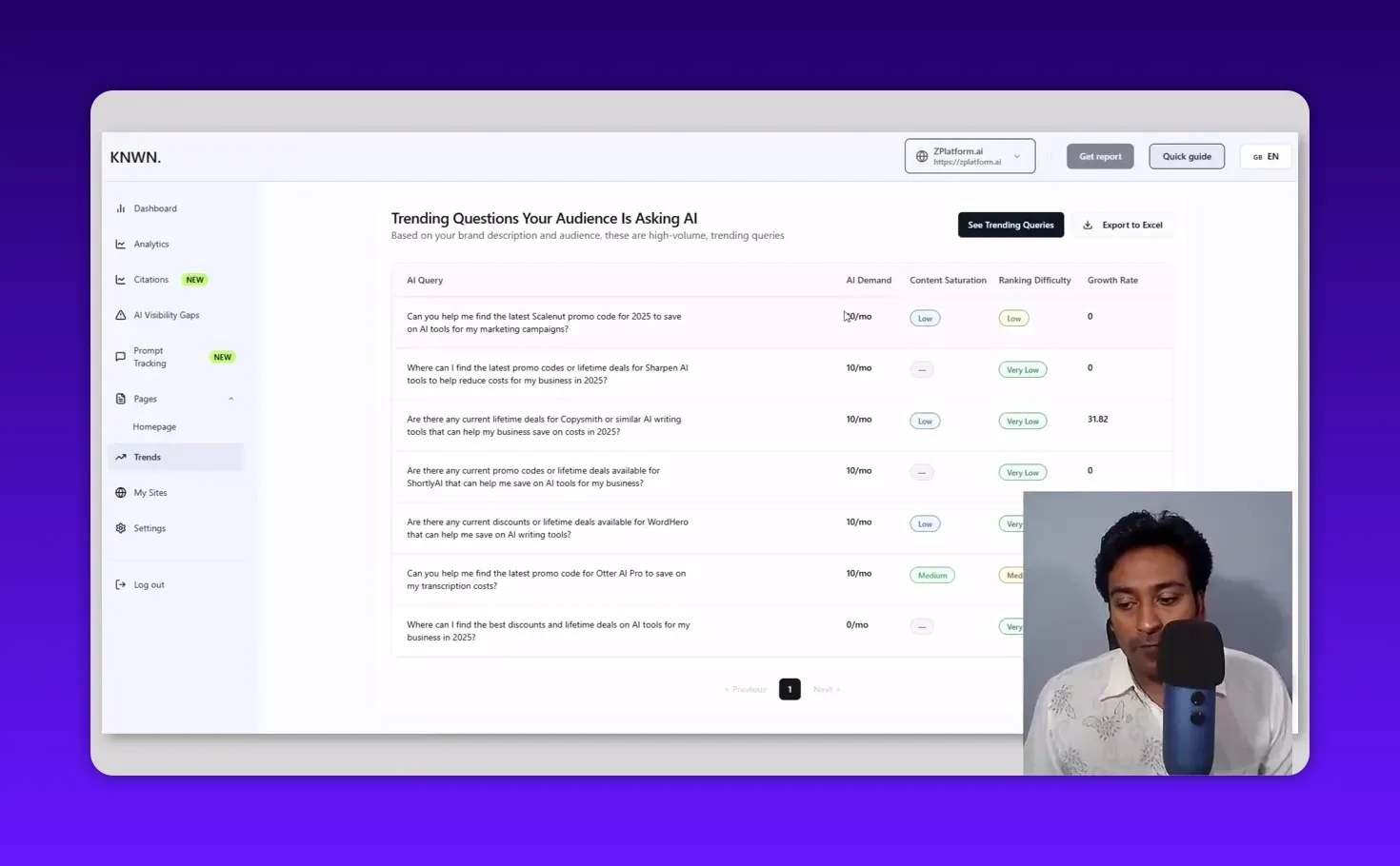 Clear Knwn Trends panel showing 'Trending Questions Your Audience Is Asking AI' with demand, saturation and growth columns and presenter inset
