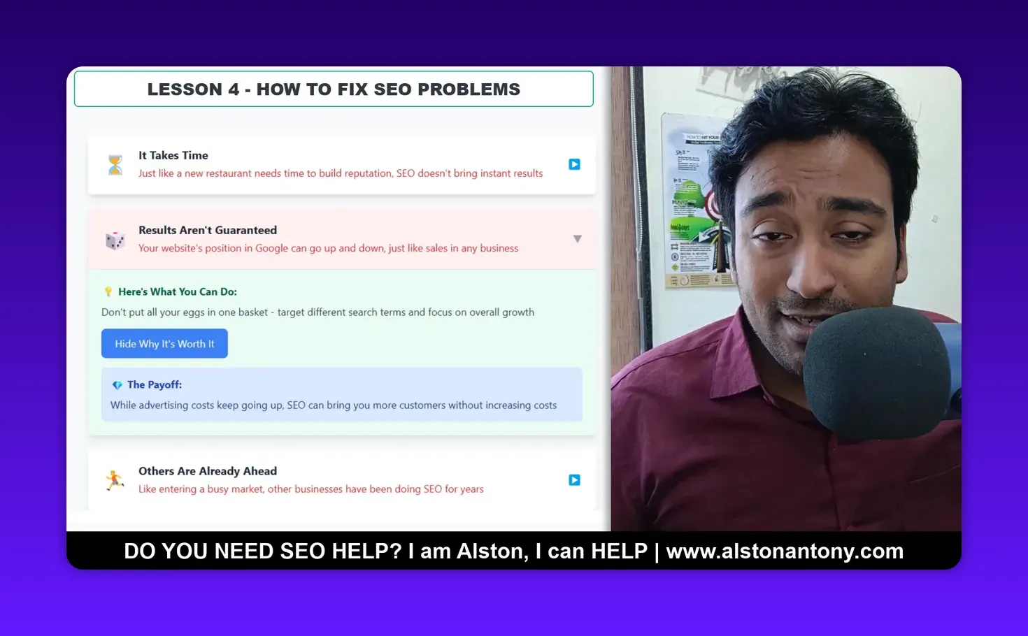 Presentation slide 'How to Fix SEO Problems' with 'Results Aren't Guaranteed' and presenter at a microphone, clear view of slide content
