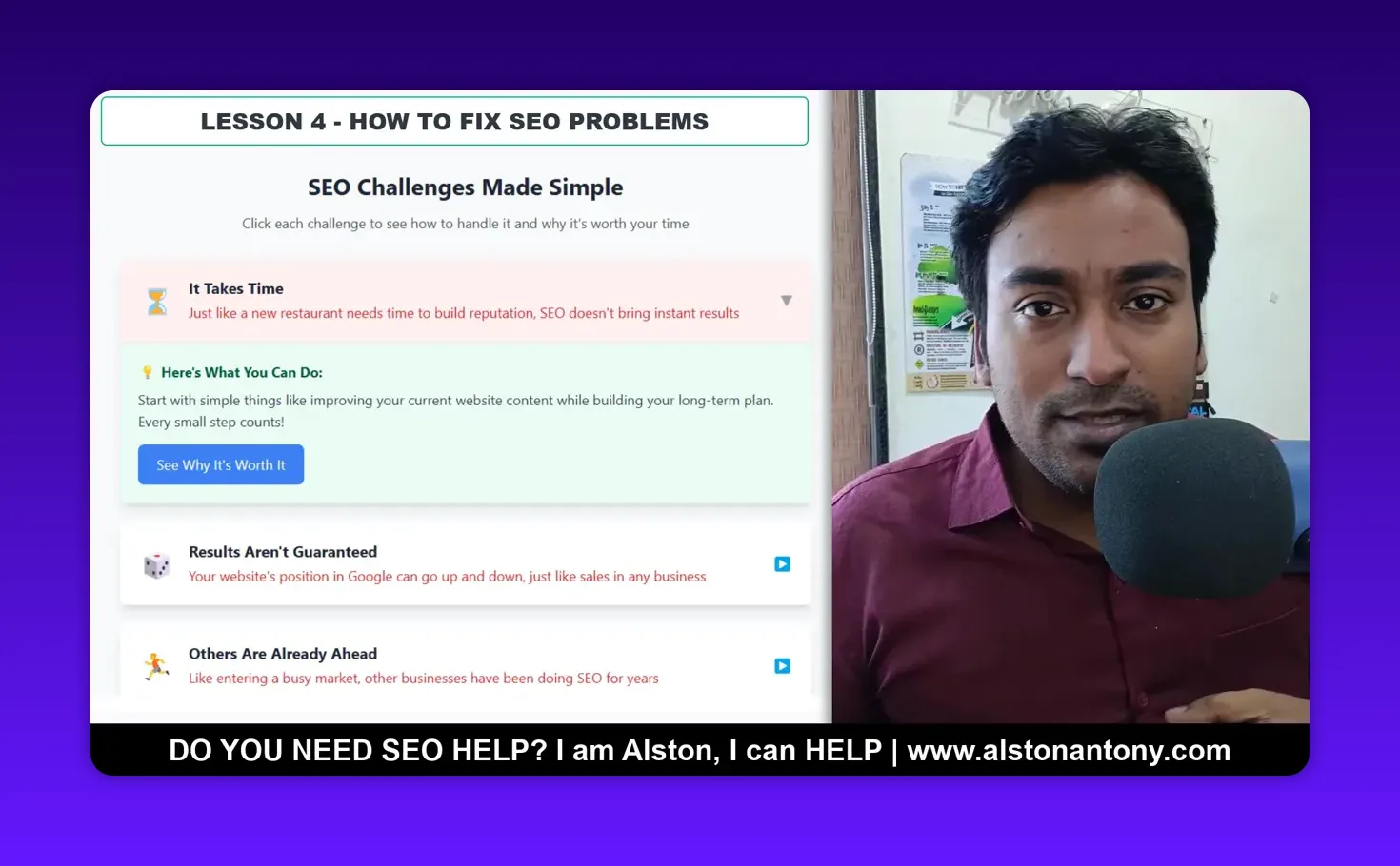 Clear view of a lesson slide titled 'Lesson 4 - How to Fix SEO Problems' with a highlighted 'It Takes Time' box and action tip to improve content