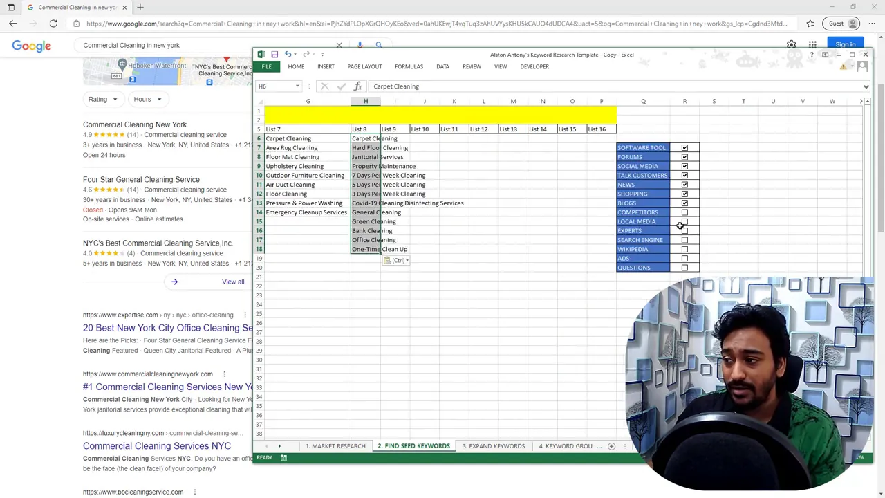 Google local results and map for 'Commercial Cleaning in new york' beside a keyword research Excel sheet with presenter webcam overlay