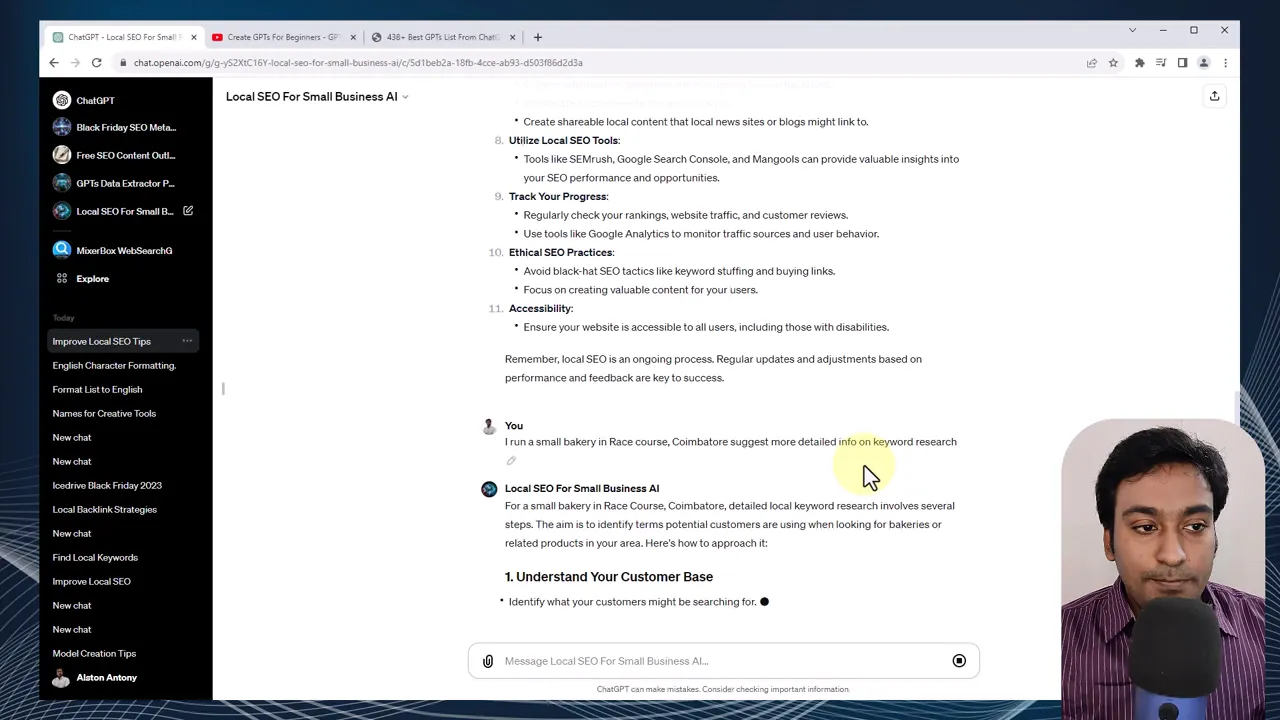 Screenshot of ChatGPT window showing a user asking for keyword research for a bakery in Racecourse, Coimbatore and the GPT response, with the presenter visible in a small inset.