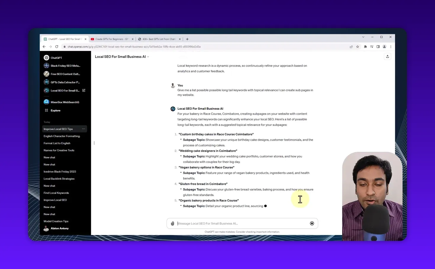 Clear screenshot of a numbered list of long‑tail subpage suggestions for a bakery in Racecourse, Coimbatore with presenter inset