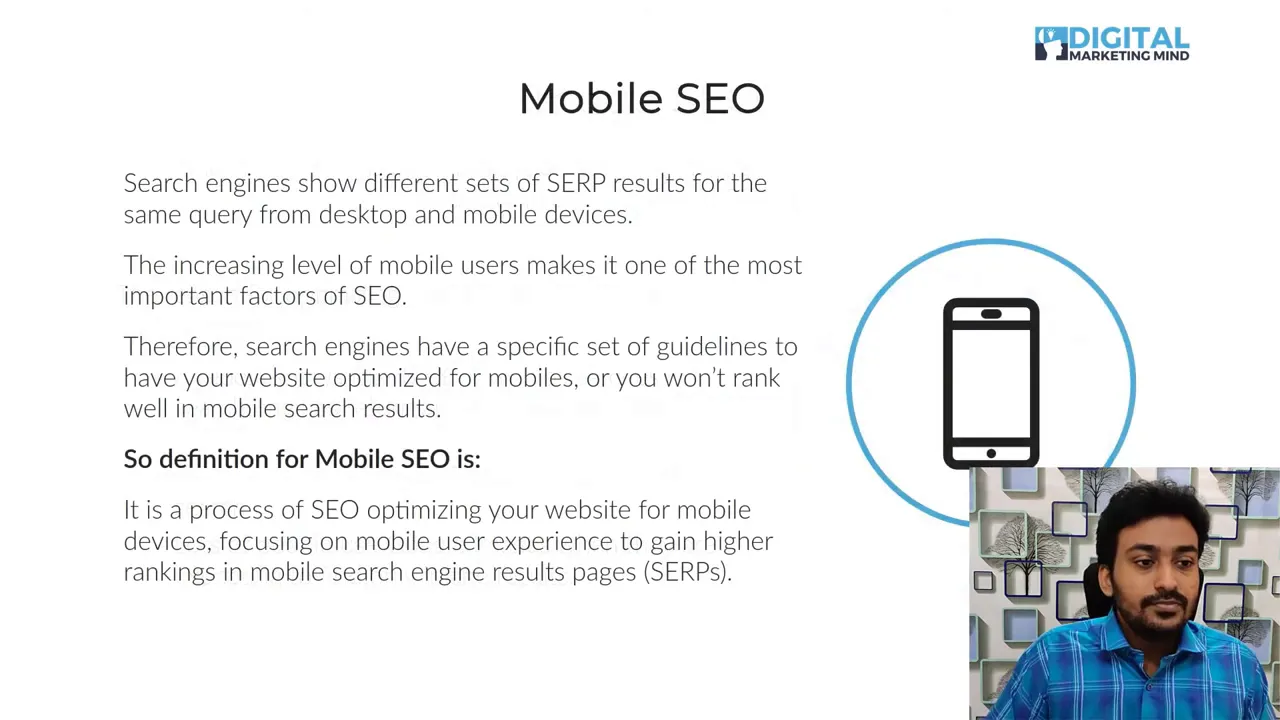 Presentation slide titled 'Mobile SEO' with explanatory bullets and a small presenter inset in the lower-right; clear text and mobile icon visible.
