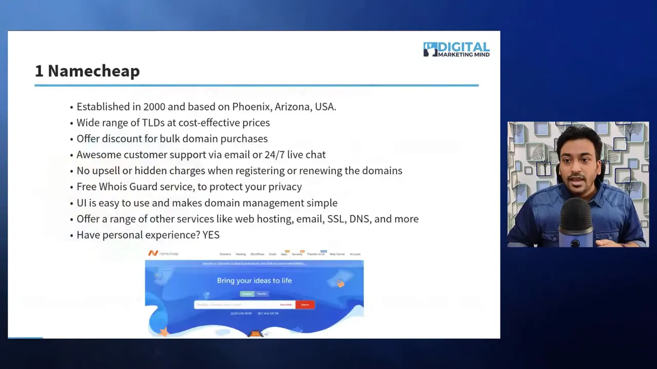 Presentation slide titled '1 Namecheap' with bullet points about Namecheap features and a small presenter video box on the right.