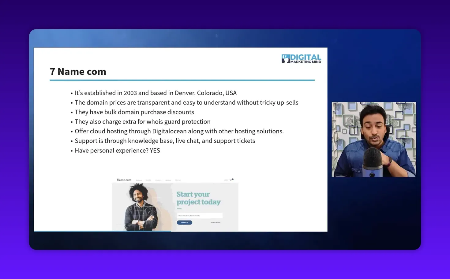 Clear presentation slide '7 Name com' with bulleted notes about Name.com; presenter visible in a smaller inset on the right and a site screenshot at the bottom.