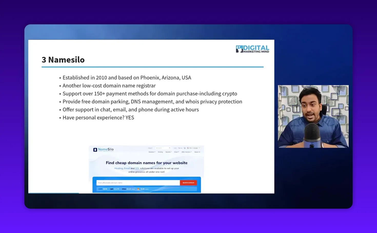 Clear slide labeled '3 Namesilo' listing features like crypto payments, free privacy and DNS; presenter inset at right