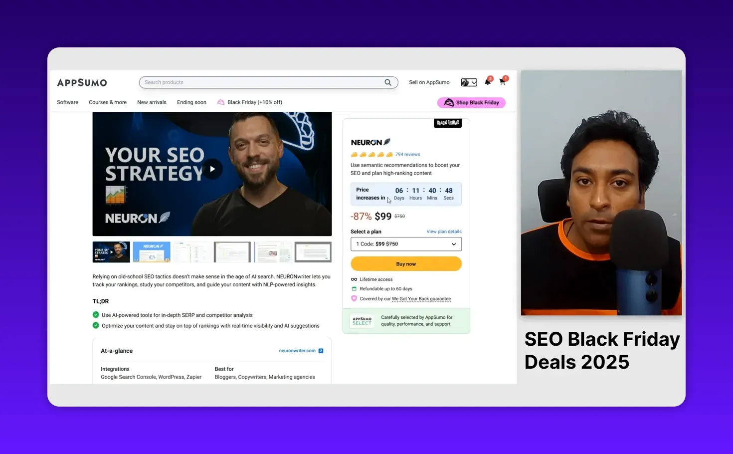 NEURONwriter AppSumo page screenshot showing product preview, pricing card, TL;DR and presenter at right