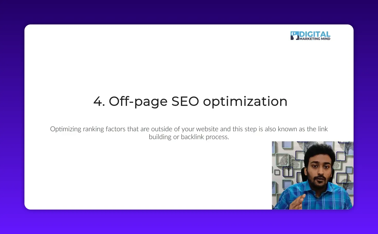 Clear presentation slide '4. Off-page SEO optimization' with readable subtitle about link building and a small presenter inset on the right.