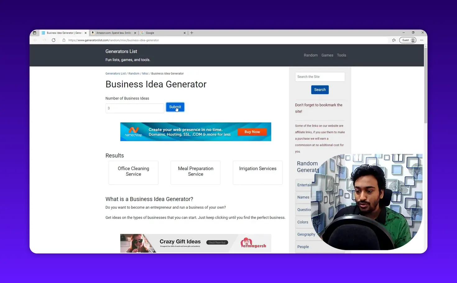 Business Idea Generator results showing 'Office Cleaning Service' as one of the suggestions