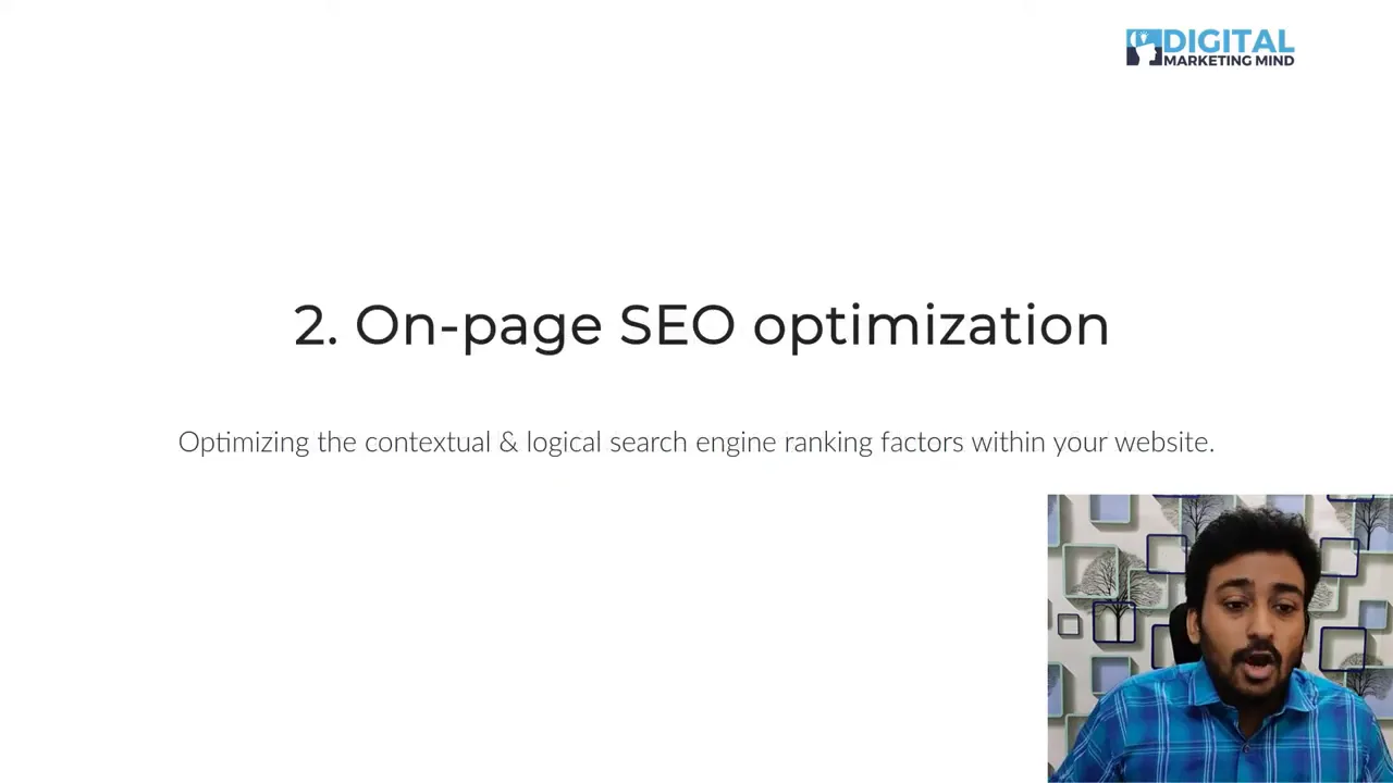 Slide titled '2. On-page SEO optimization' with brief description and small presenter inset