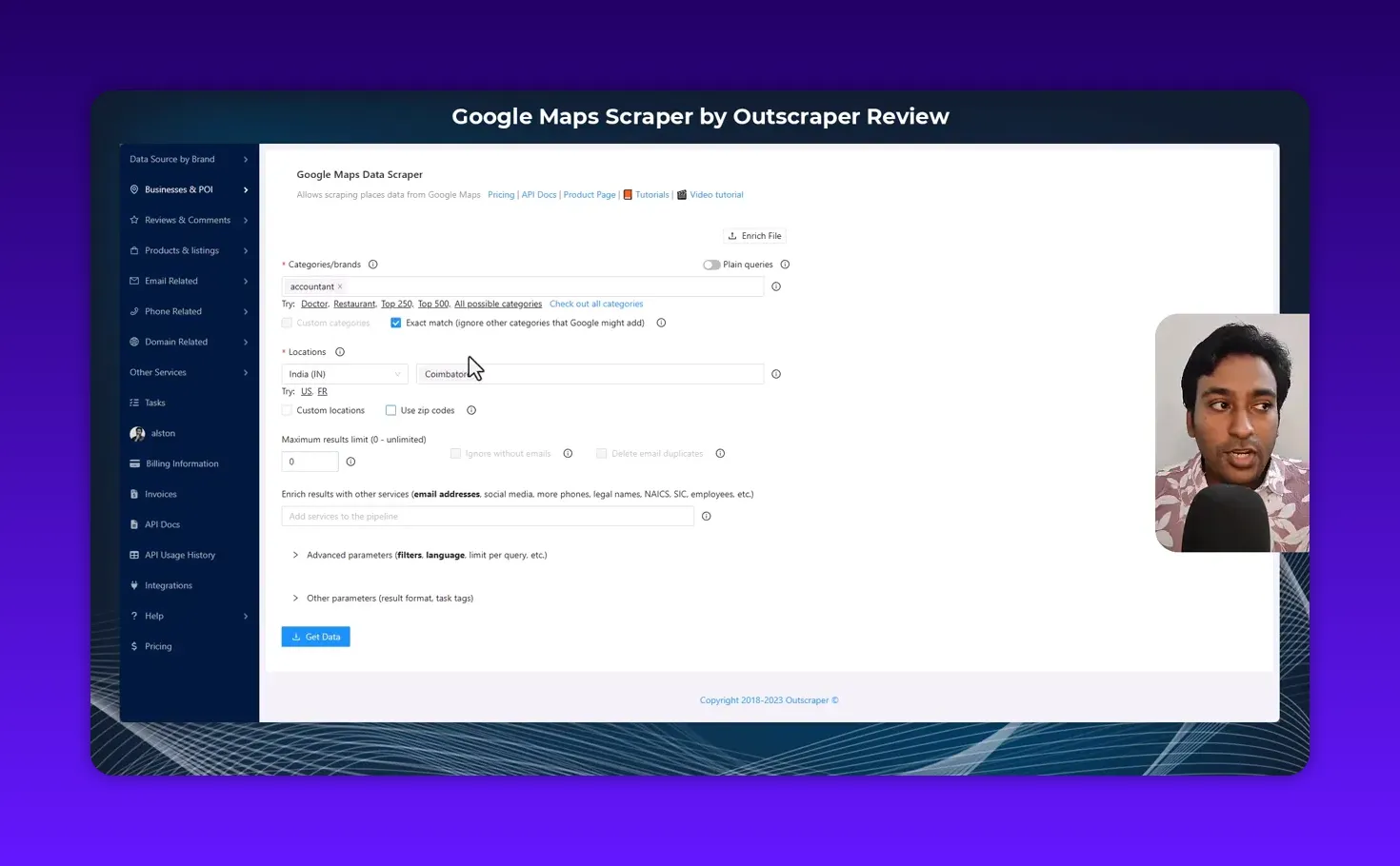 Outscraper task page with 'Enrich results with other services' field visible