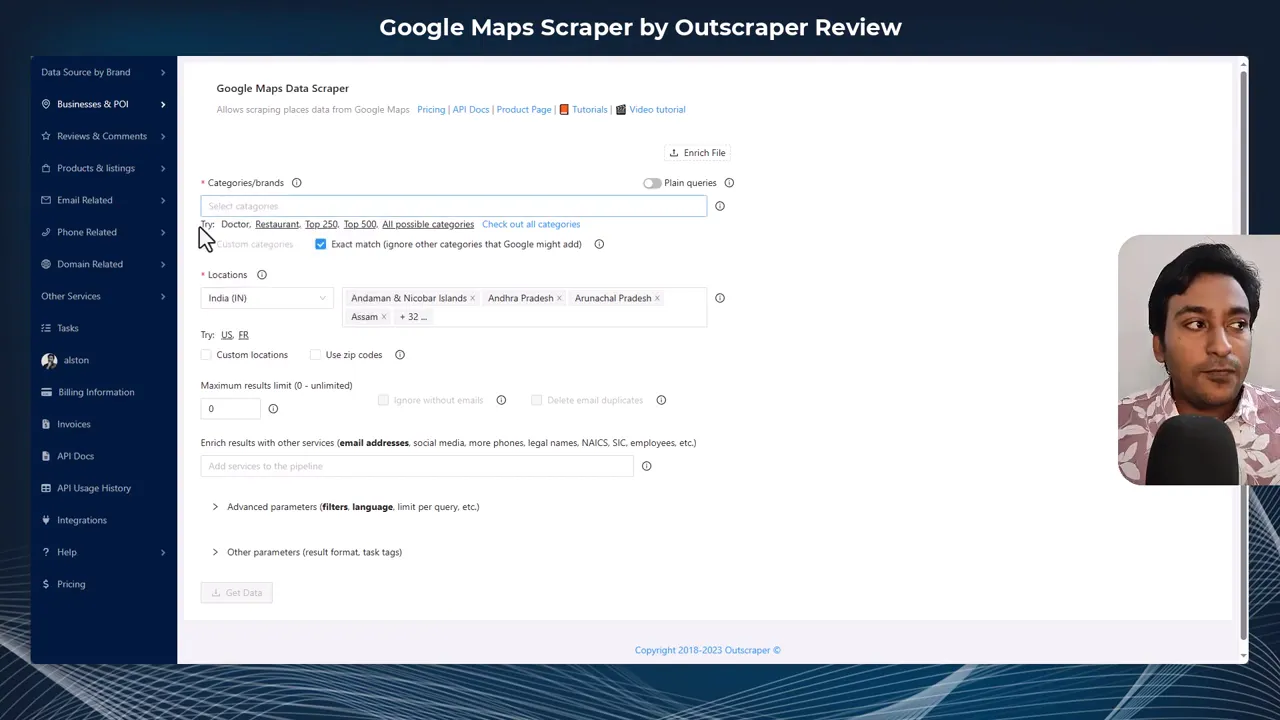 Outscraper Google Maps Data Scraper screen showing category input, suggestions and the 'Exact match' checkbox in the query setup