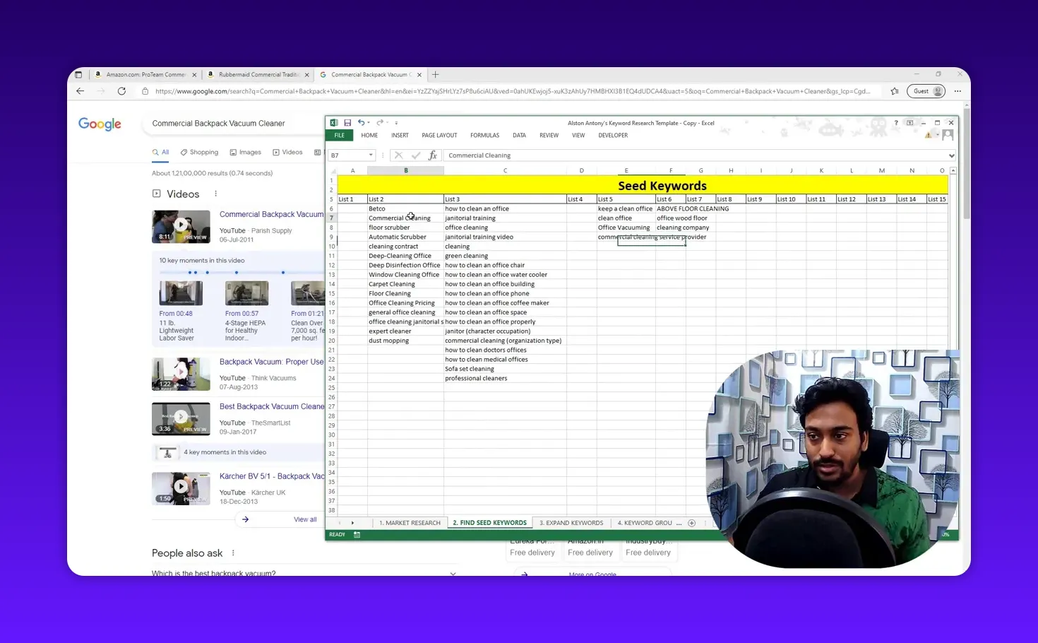 Populated seed keywords spreadsheet showing lists of blog-style topics and long-tail phrases with presenter overlay