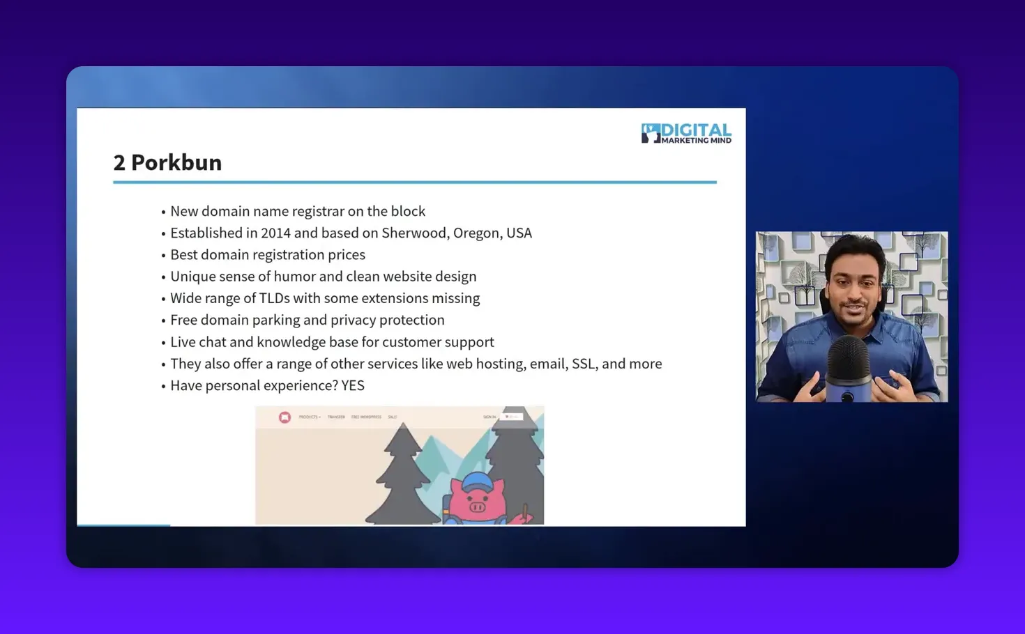 Clear slide titled '2 Porkbun' showing bullet points about Porkbun's pricing, TLD support and privacy with the presenter visible in a small box on the right.