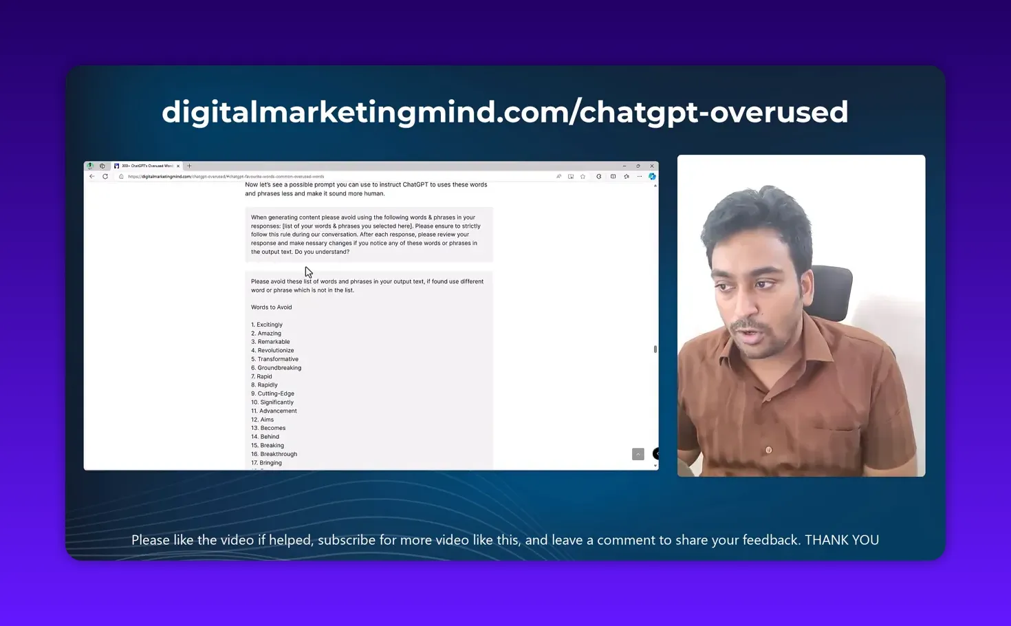 High-clarity screenshot showing the words-to-avoid list and a prompt template on a webpage with presenter on the right