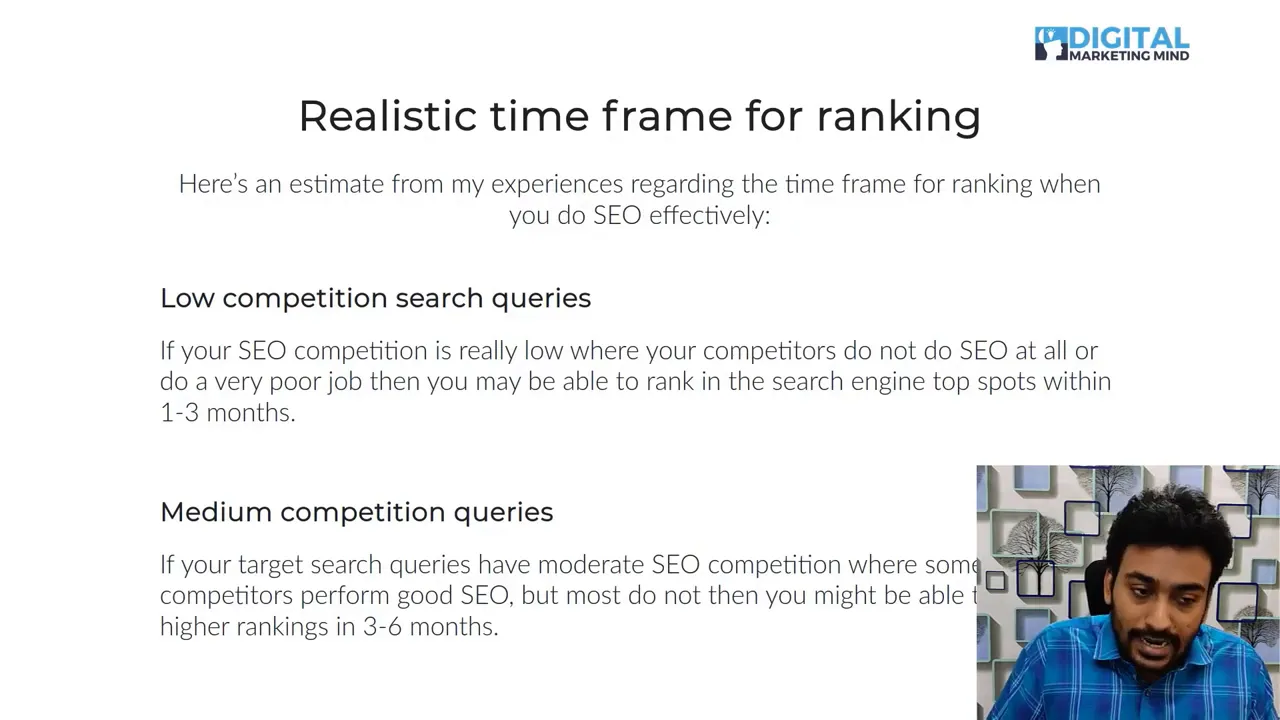 Slide: Realistic time frame for ranking with text describing 1–3 months for low competition and 3–6 months for medium competition, small presenter inset in bottom-right.