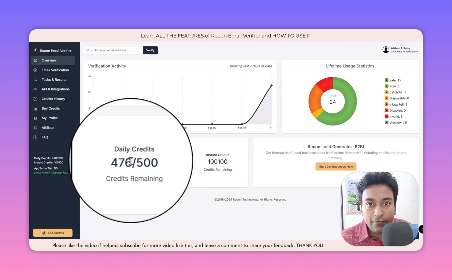 Overview screen showing magnified Daily Credits 476 of 500 and usage visuals