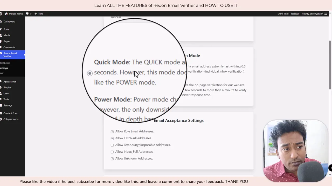 Reoon WordPress plugin settings screen with a magnified callout showing 'Quick Mode' and 'Power Mode' descriptions