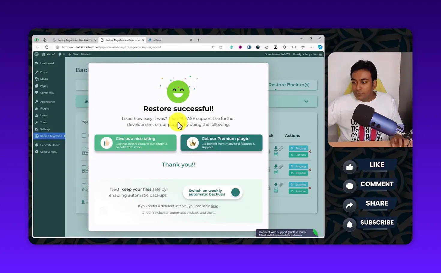 Backup Migration restore successful confirmation popup with a call-to-action to enable automatic backups