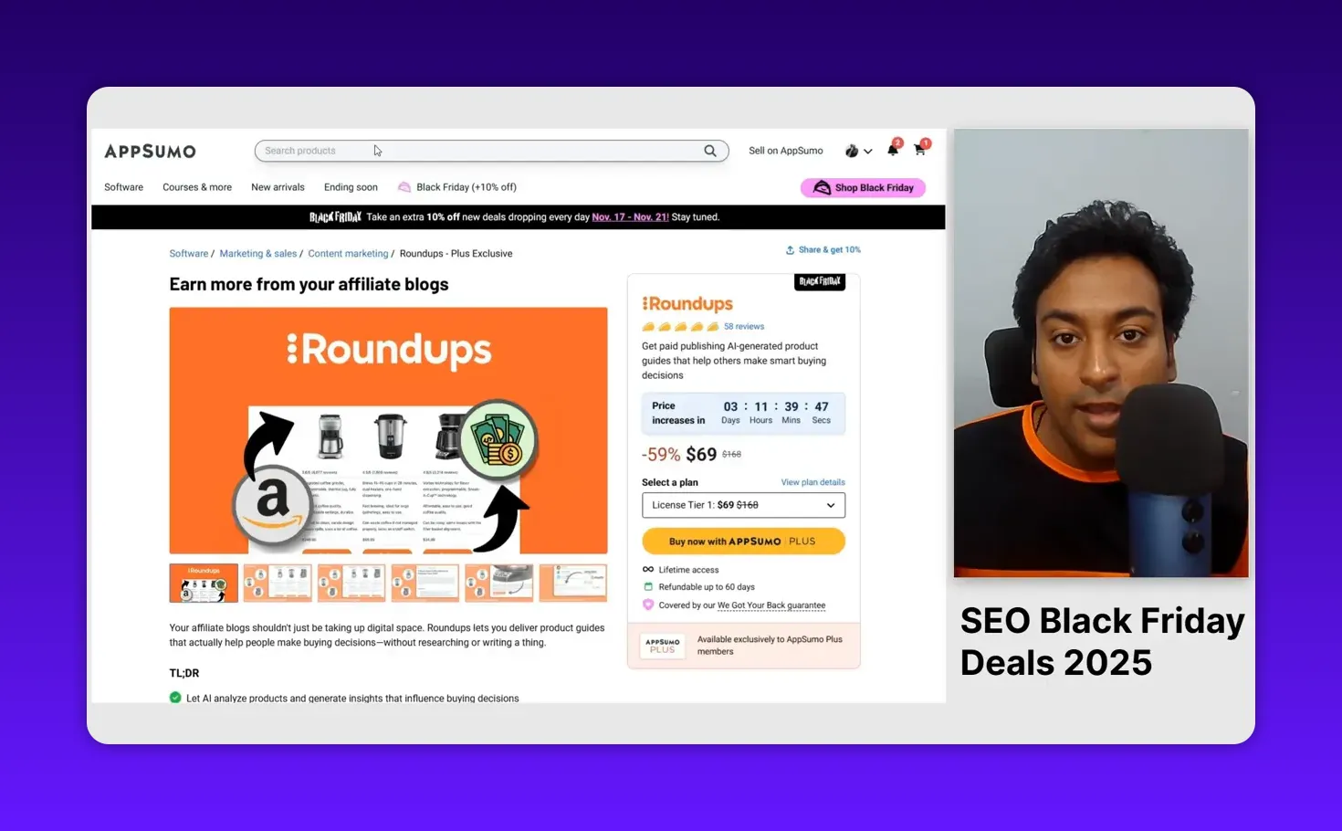 AppSumo Roundups product page screenshot with clear pricing tile, buy button and presenter at right