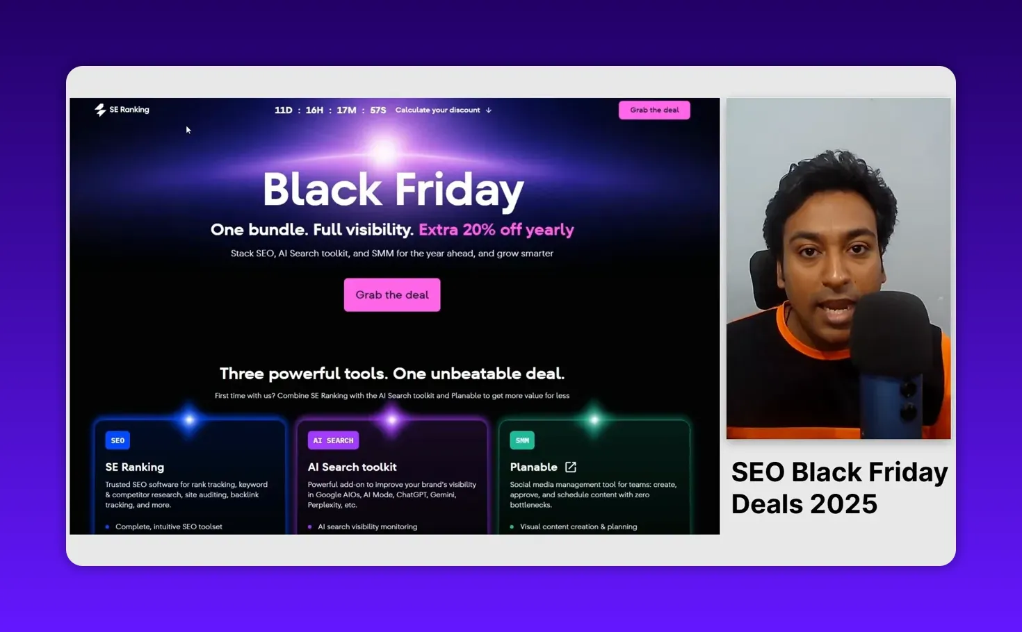 SE Ranking Black Friday hero section with bold headline 'Black Friday', 'Extra 20% off yearly' callout, and three product boxes visible; presenter shown at right.