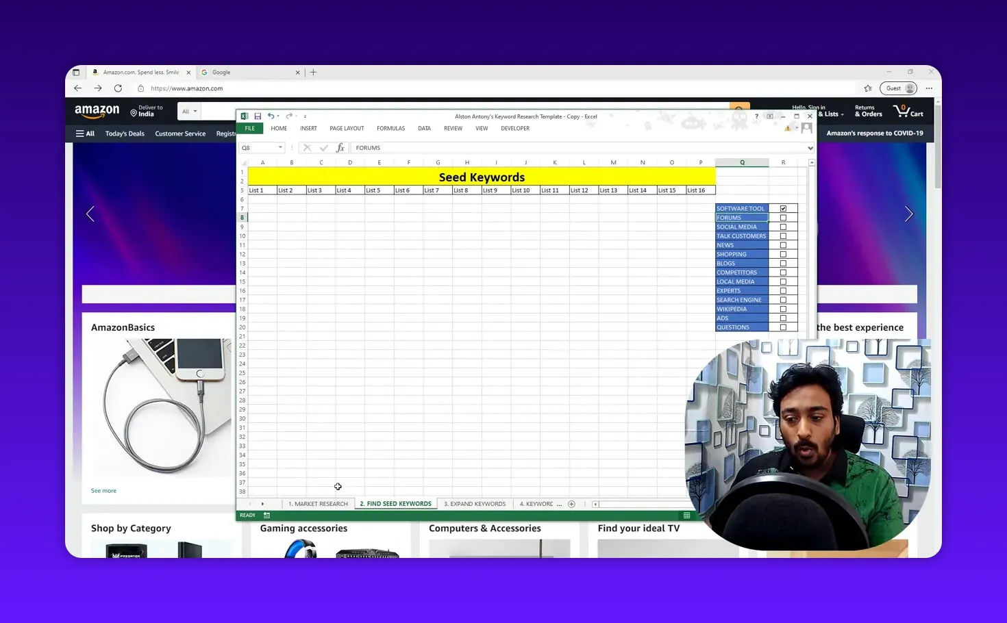 Seed keywords Excel template with forums highlighted in the source checklist and instructor webcam