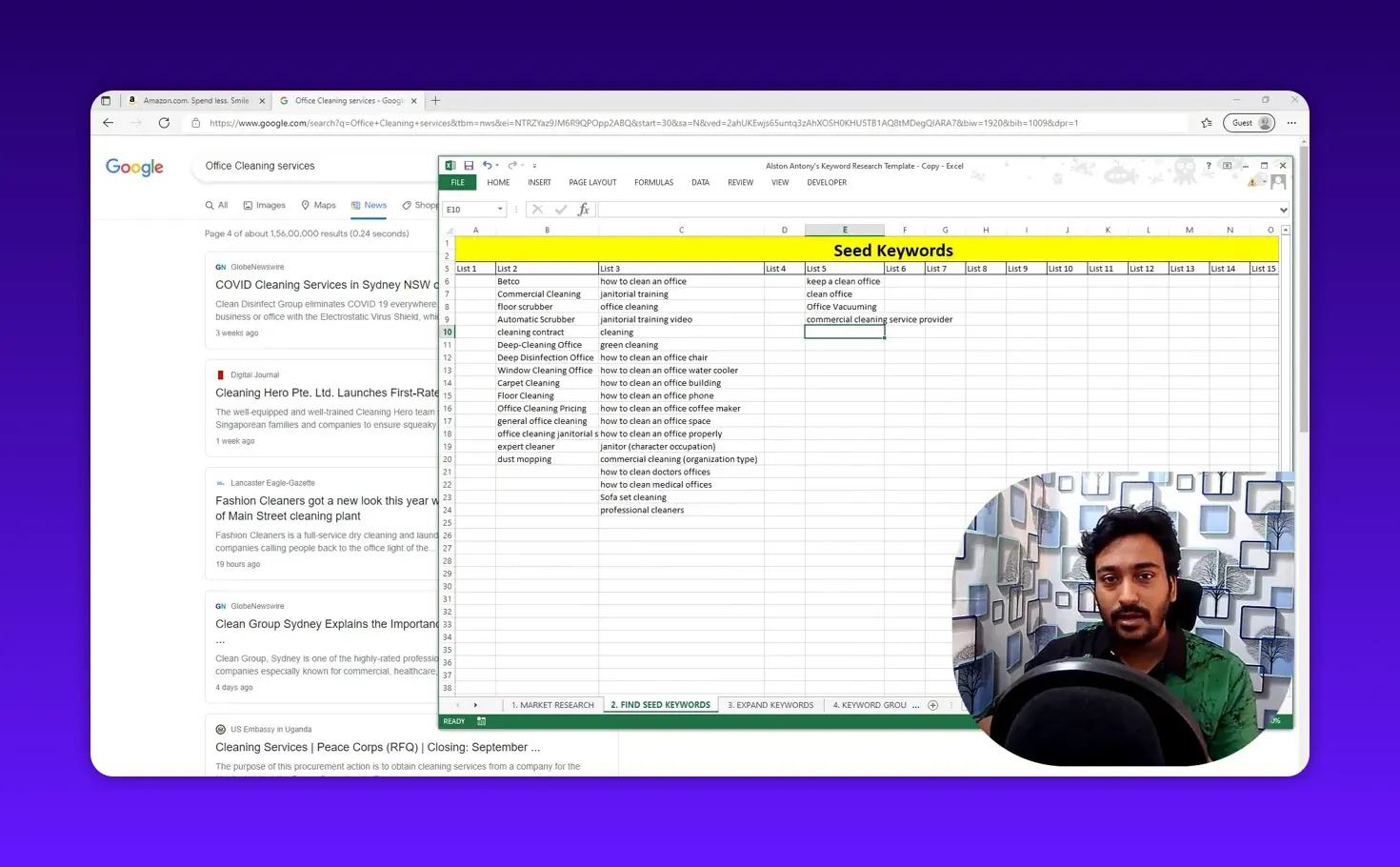High-clarity screenshot of a seed keywords Excel sheet listing product terms like 'Automatic Scrubber' and 'Betco' with presenter inset.