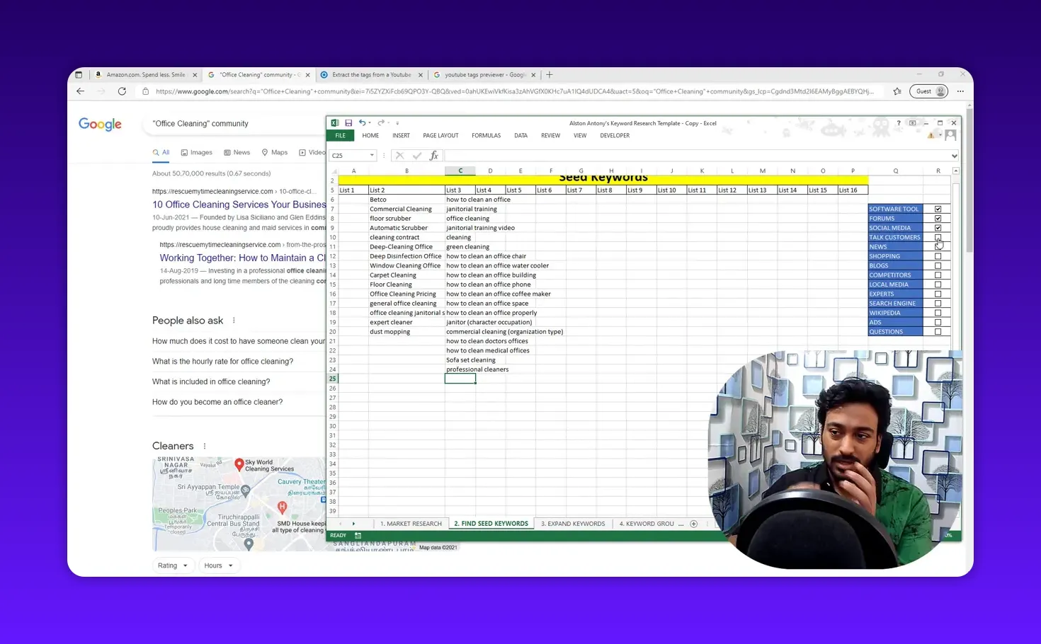 Seed keywords Excel sheet and Google results with the presenter speaking in a rounded webcam overlay in the lower-right