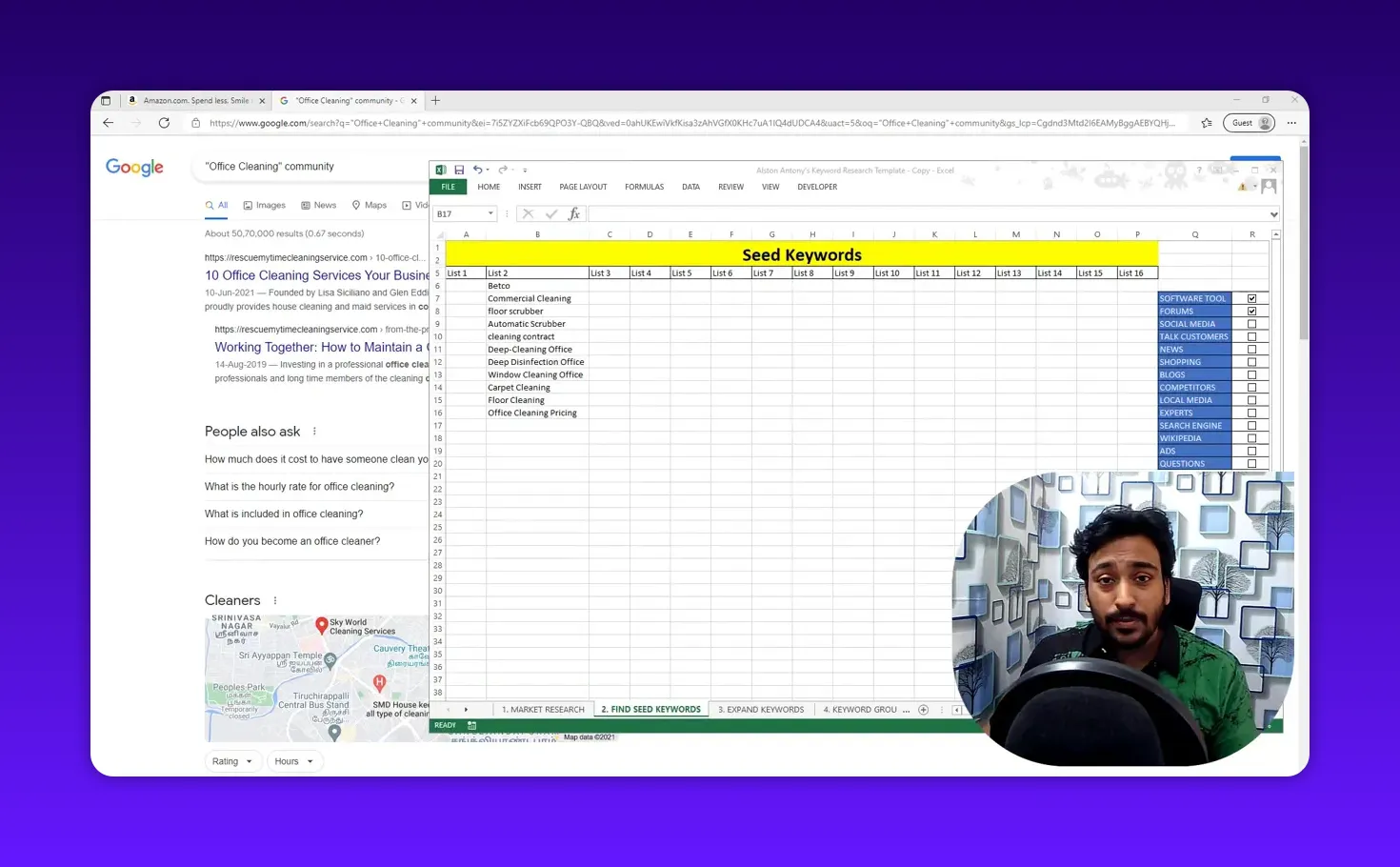 Excel 'Seed Keywords' spreadsheet open with entries like 'Carpet Cleaning' and a source checklist (including 'SOCIAL MEDIA'), presenter webcam inset
